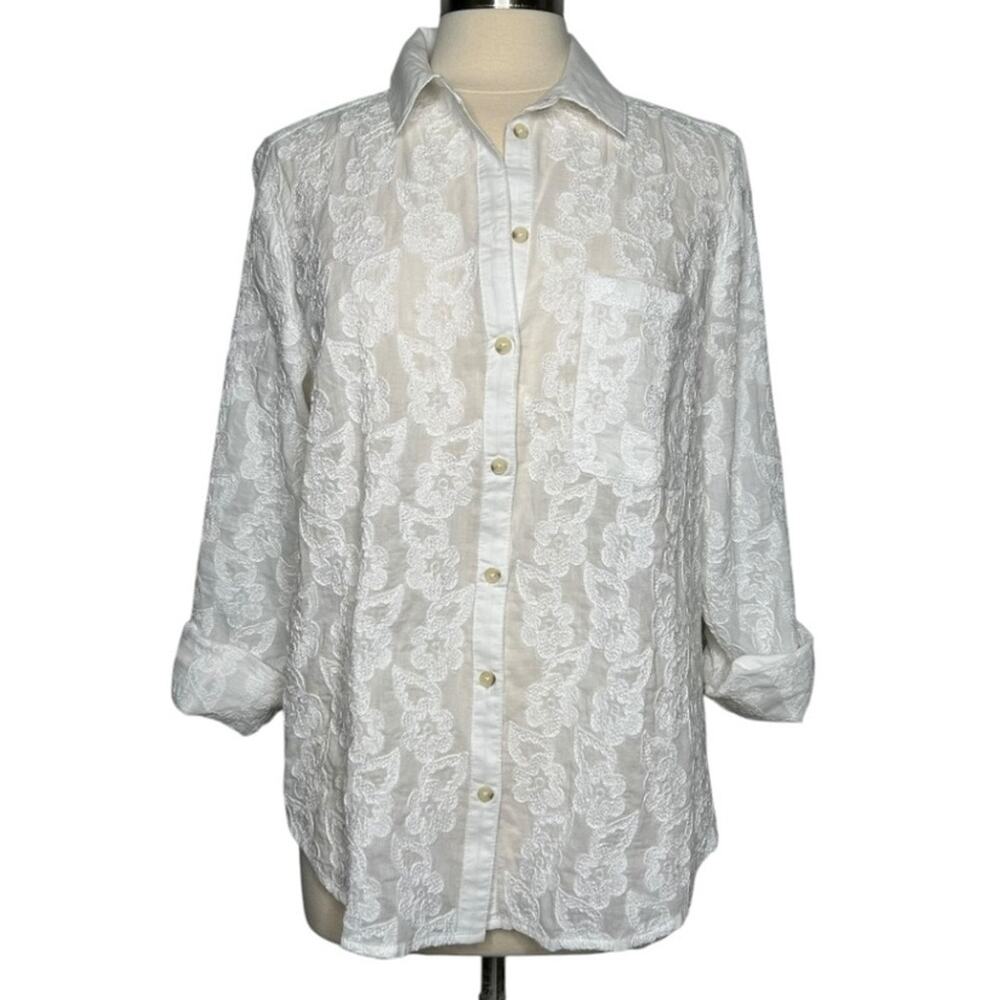 Maeve Anthropologie White Floral Embroidered Button Down Blouse Size 16